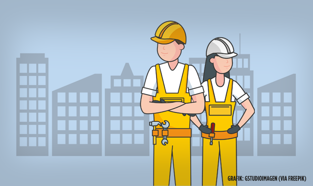 Bauarbeiter*in vor Stadtsilhoutte (Grafiken designed by Gstudioimagen / freepik)